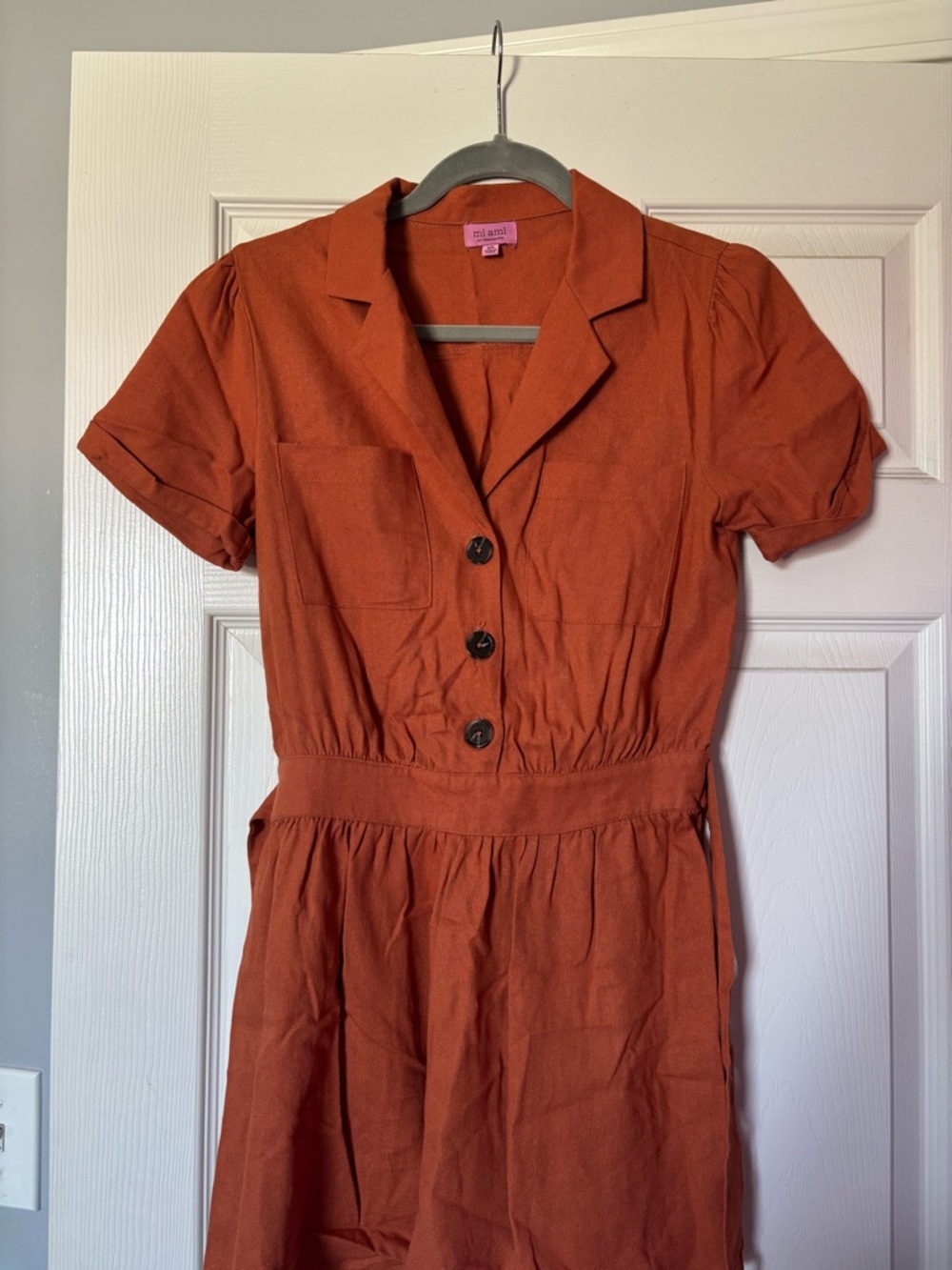 Francesca's Collections Rust Orange Short Sleeve Button Front Dress